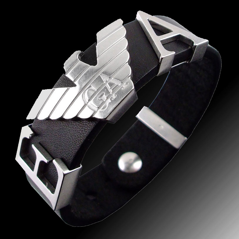 emporio armani bracelet mens black leather eagle logo
